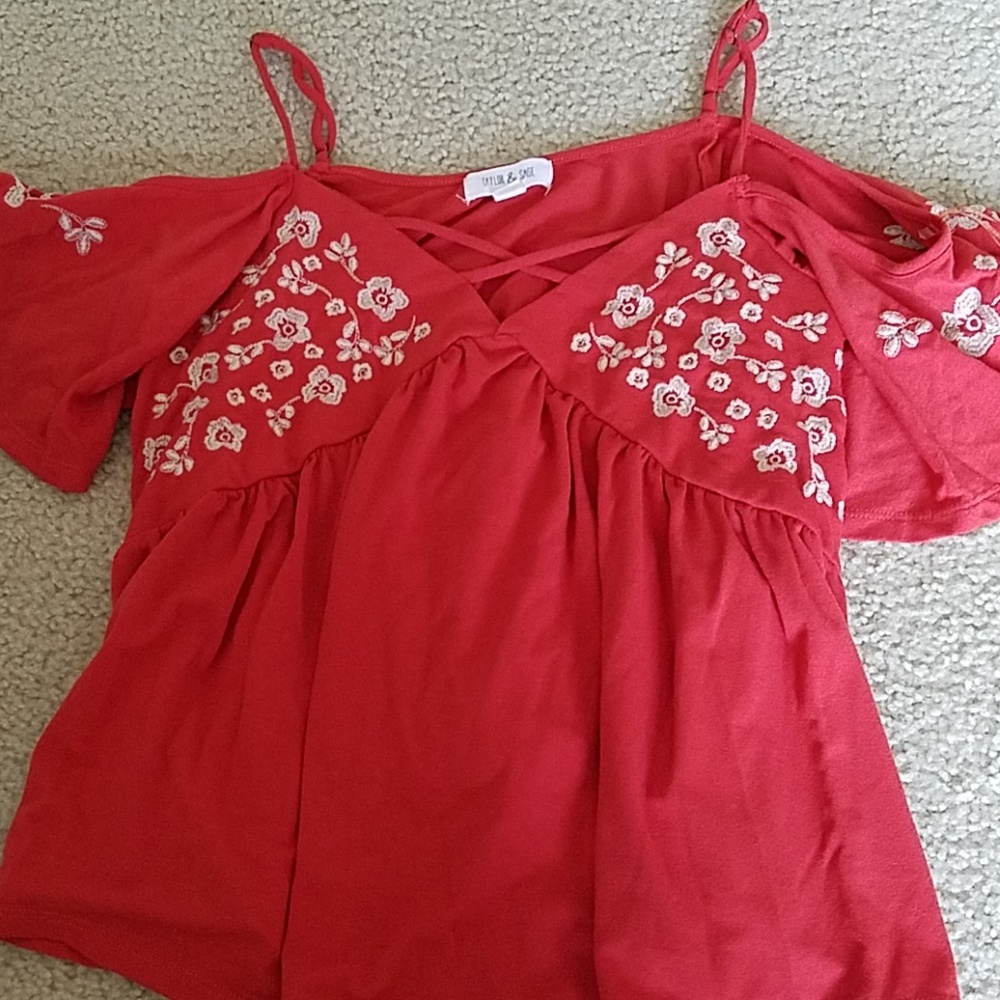 Off the shoulder red top. Crop top-ish